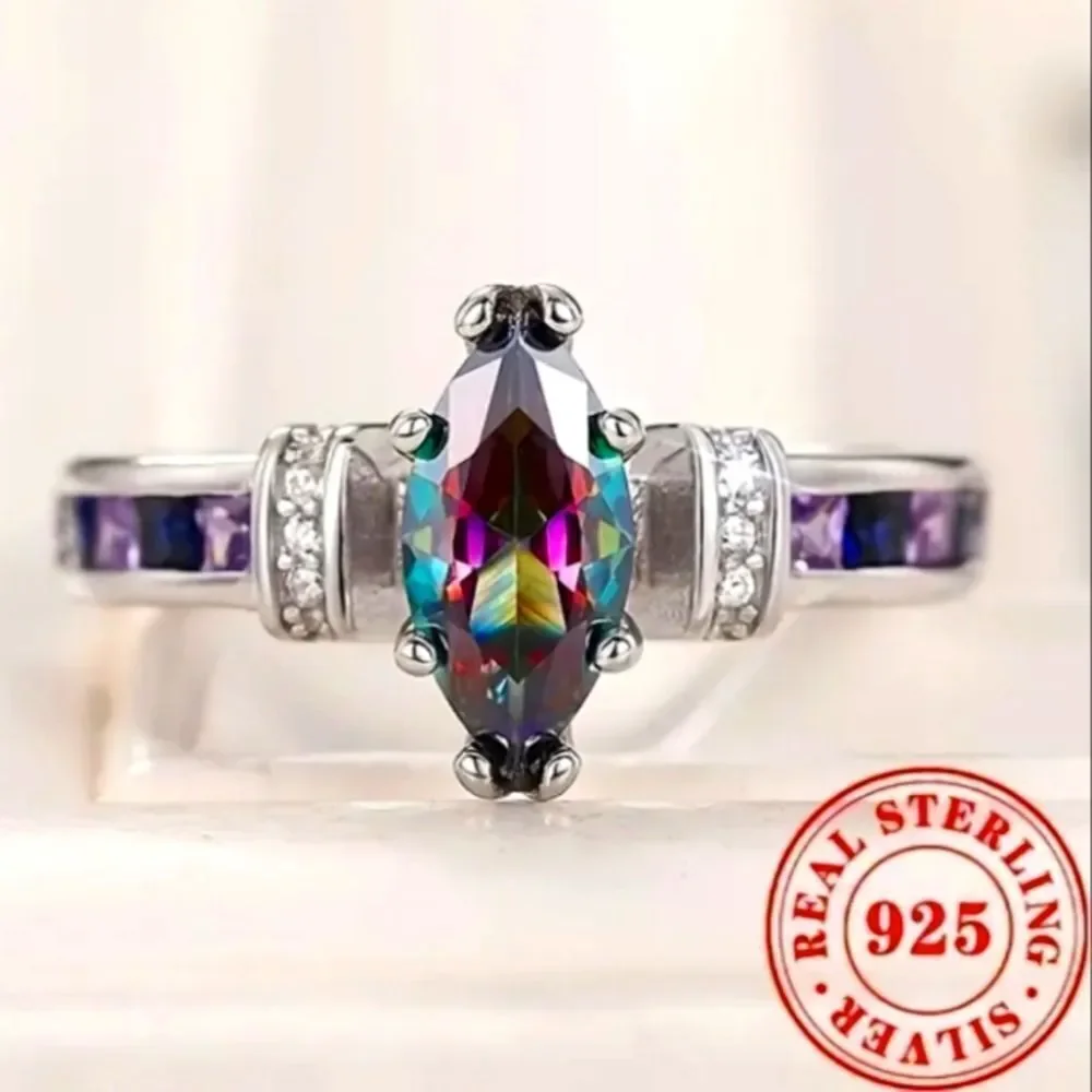 925 Sterling Silver Rainbow Fire Mystical Topaz + Amethyst Wedding Ring Sz 6